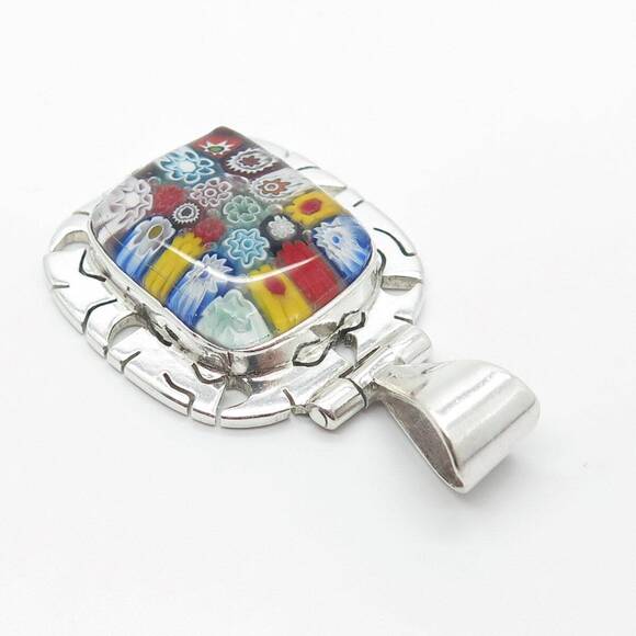 950 Silver Vintage Multi-Color Glass Floral Pendant - Picture 6 of 8